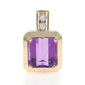 Yellow Gold Amethyst Diamond Pendant - 18k Rectangular 10.18ctw